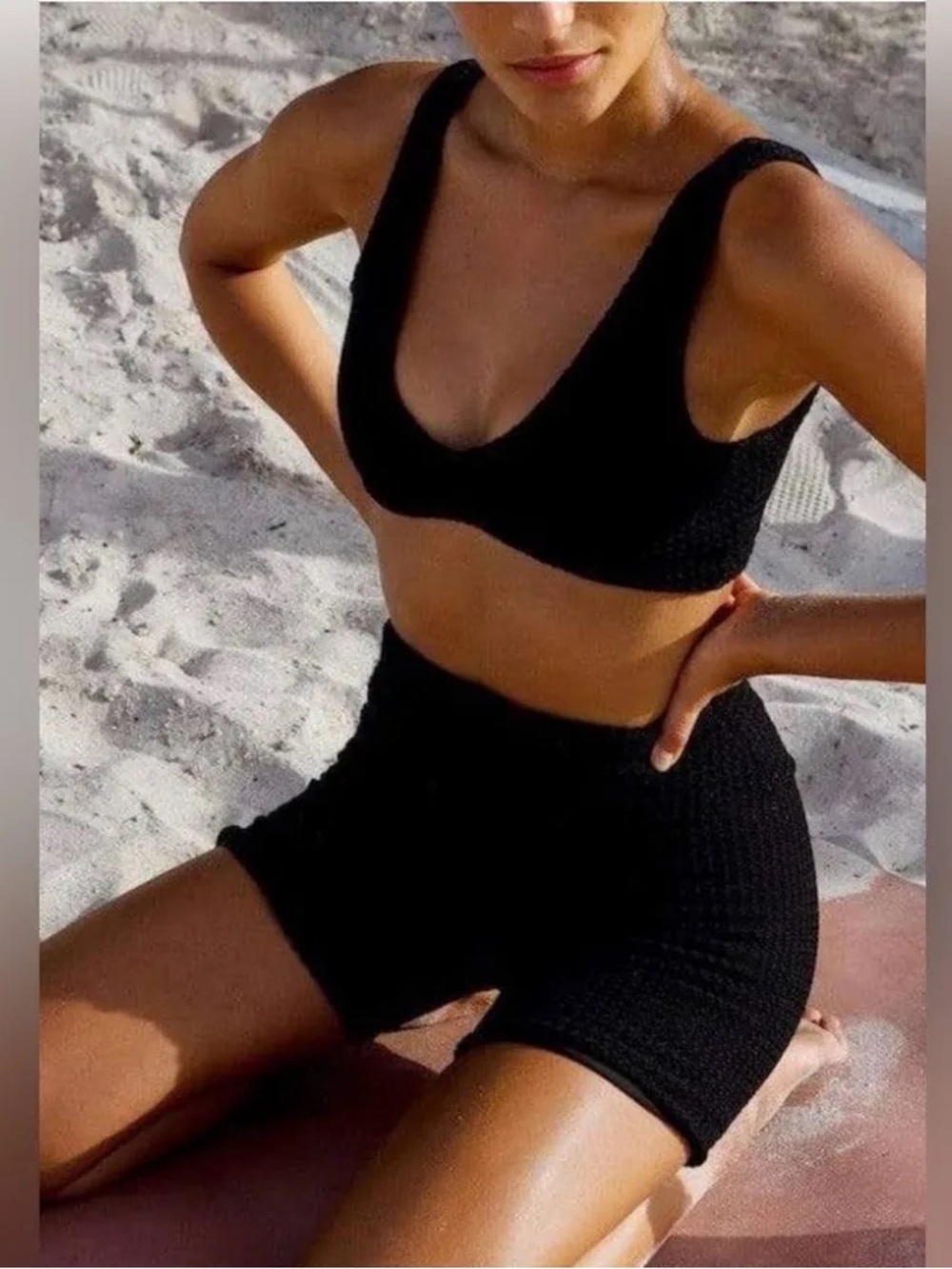 Montce Swim Black Textured Crochet Biker High-Waist Shorts NWT XS